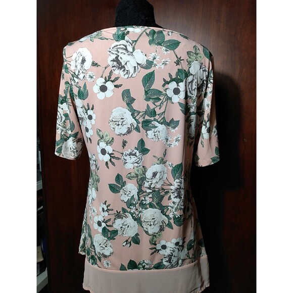 Nina Leonard Women Pink Floral Sheer Hem Pockets Short sleeve Tunic‎ Size M - Picture 5 of 7